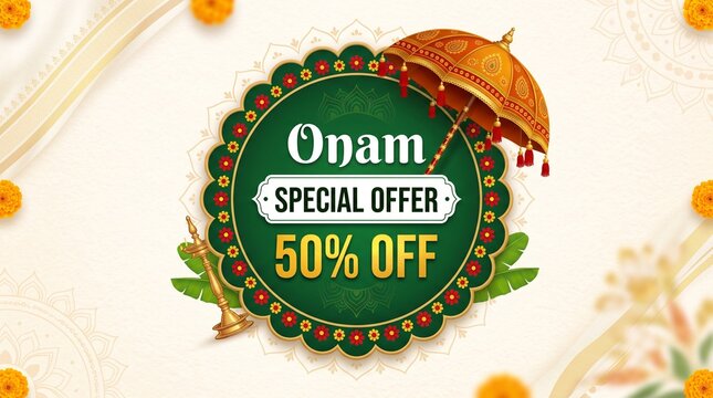 Onam special offer 50% off banner with traditional elements