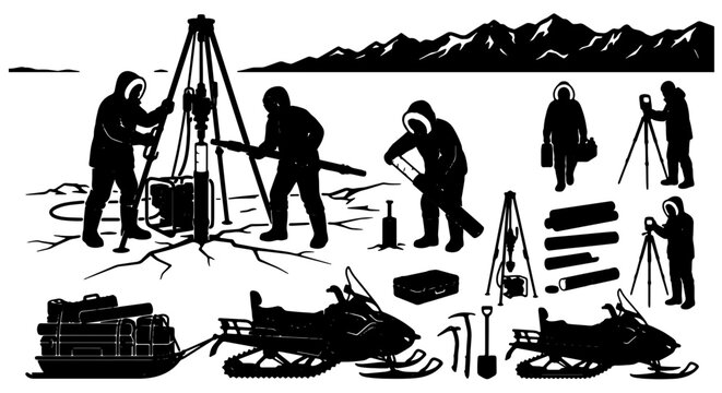 Arctic Expedition Set: Scientific Research, Ice Drilling, Snowmobile Transport, Silhouette Figures, Expedition Gear, Winter Landscape