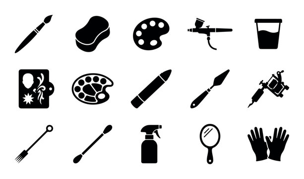 Art and tattoo design icons with paintbrush, palette and spray bottle for web interface in minimal glyph style
