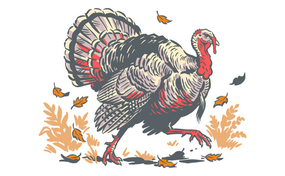 Vintage wild turkey bird illustration for Thanksgiving and autumn. Hand drawn vector for t-shirt print, poster, sticker, and apparel design.