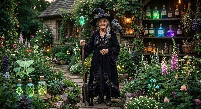 Elderly benevolent witch standing in magical apothecary garden with glowing potions and animal companions near cottage