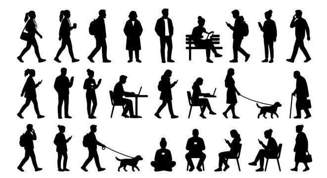 Diverse Human Silhouettes Collection, People Using Smartphones and Laptops, Walking Dogs, Sitting, Standing, Vector Icons for Web and Print Design