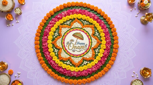 Top view of beautiful floral pookalam rangoli for onam festival celebration