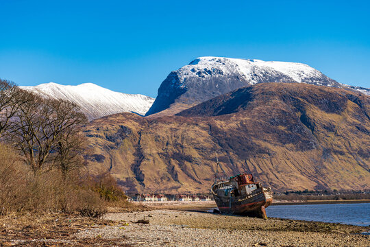 Ben Nevis viewed from Caledonian Canal at Corpach, Lochaber, UK