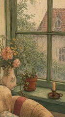 Obraz premium Cozy vintage-style mobile wallpaper of a rainy window with flowers.