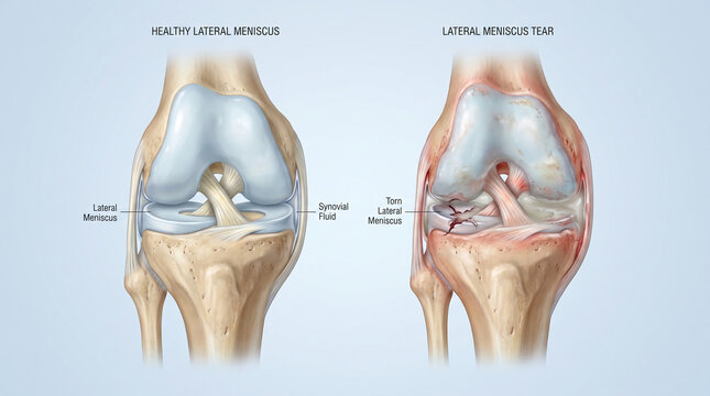 Medical Diagram of Healthy Lateral Meniscus and Torn Lateral Meniscus Knee Injury
