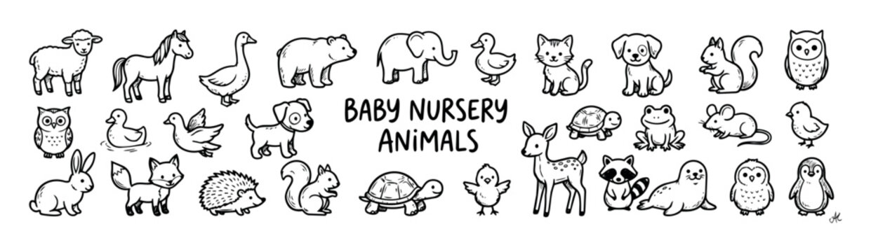 Baby nursery animals vector set with cute hand drawn illustrations of young sheep, horse, bear, elephant, duck, cat, dog, squirrel, owl, rabbit, fox, hedgehog, turtle, frog, mouse, deer, raccoon