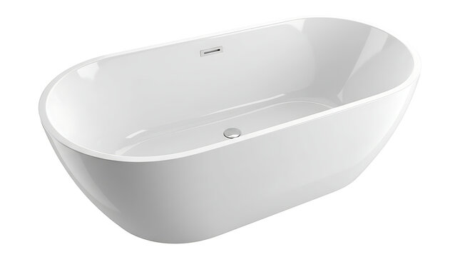 Modern freestanding oval bathtub for luxury bathroom design. Sleek white standalone soaking tub with smooth curved edges and minimalist style.