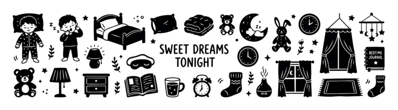 Children bedtime routine and sleep time vector illustration set with kids, nightwear, bed, pillows, clock, teddy bear, night lamp, book, socks, window curtains, and sleep accessories for children's
