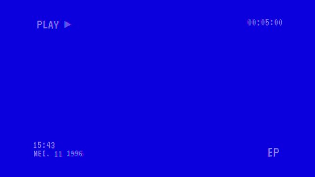 Retro vhs blue screen background with glitch distortion effects and playback overlay, 4k vhs play video