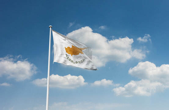 Cyprus flag waving in beautiful sky.