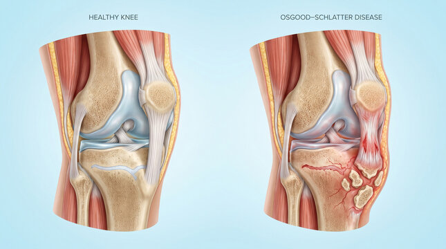 Osgood-Schlatter Disease and Healthy Knee Joint Medical Anatomy Illustration
