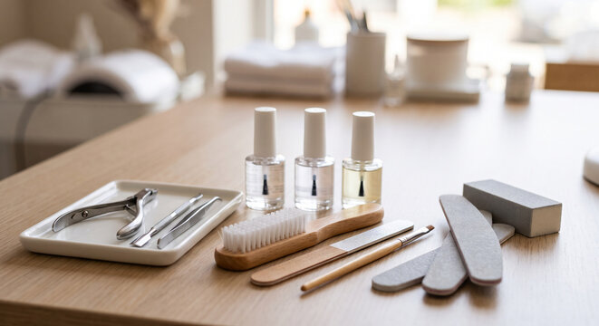Manicure service setup with nail polish bottles, files, buffer blocks, brush, clippers, and metal tools. Clear indoor light shows the organized beauty service setup and realistic materials.