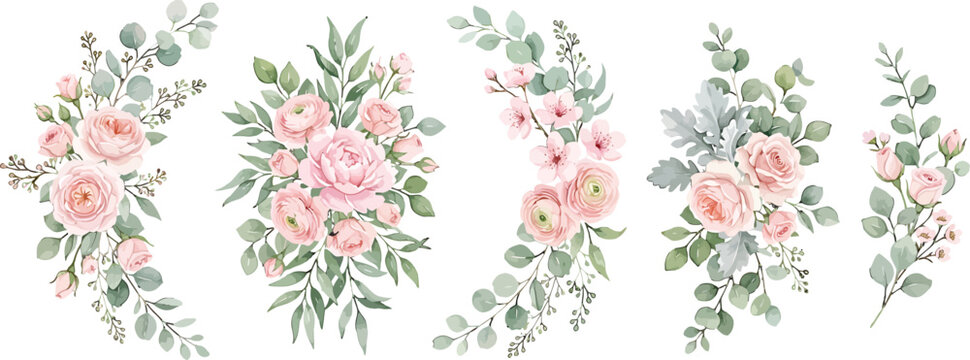 Watercolor floral arrangements with pink roses and green eucalyptus leaves for wedding invitations and greeting card designs