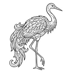 Obraz premium Crane bird line with intricate feather patterns for coloring book, standing on one leg on white background