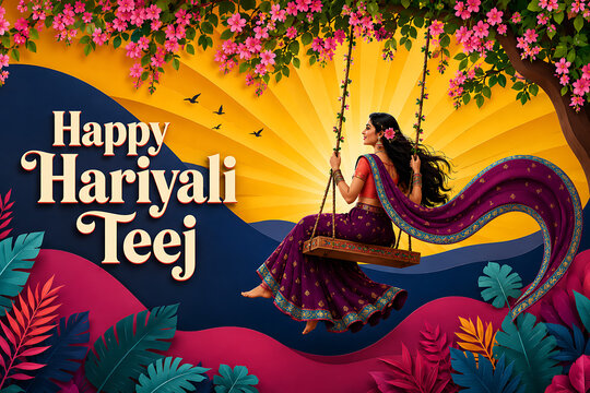 Happy hariyali teej colorful woman riding flower decorated swing against vibrant golden background with tropical leaves for joyful kajari teej festival celebration