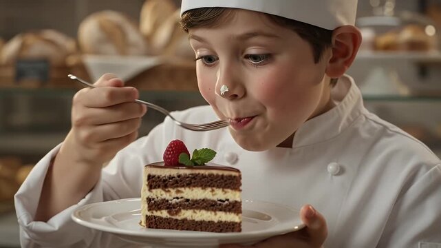 Smiling young boy in chef hat and uniform holding a delicious slice of chocolate cake in a bakery with baked goods in background
