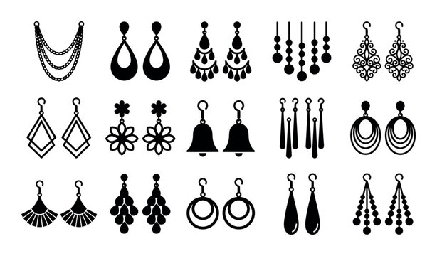 Jewelry and fashion design icons with necklace, earrings and pendants for branding in solid glyph style