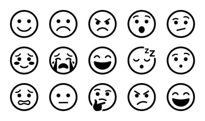 Fototapeta premium Emotions and expressions design icons with happy, sad and angry faces for mobile app design in minimal glyph style