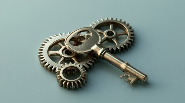 A vintage metal key placed over three interlocking metal gears on a smooth, muted surface.