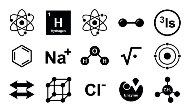 Chemistry and science design icons with atom, molecule and enzyme for educational infographic in solid glyph style