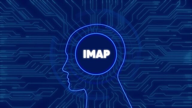 Imap protocol concept: digital human head silhouette with glowing circuit board background