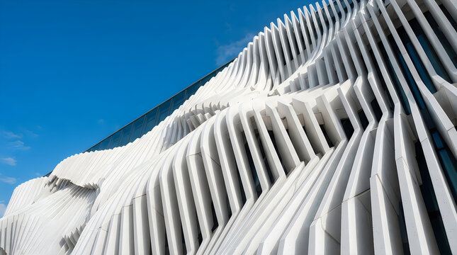 Modern building facade featuring white parametric walls with rhythmic fanned fins under a vibrant clear blue sky