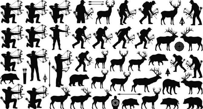 Collection of bowhunting silhouettes featuring archers with compound bows, deer, bears, wild boars, and outdoor hunting equipment.