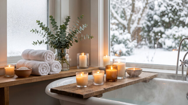 Relaxing home spa bath tray with candles, rolled towels and eucalyptus by a snowy window