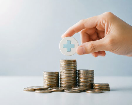 Health insurance, hand placing medical cross symbol on increasing coin stacks, light background, financial planning for healthcare.