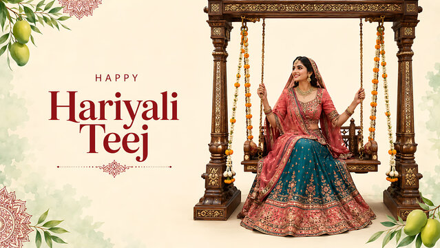 Happy hariyali teej and kajari teej elegant woman seated on ornate wooden swing wearing coral and teal bridal lehenga with floral decorations