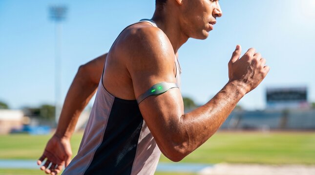 Athlete running with arm monitor on track, showcasing wearable technology for health and performance tracking.