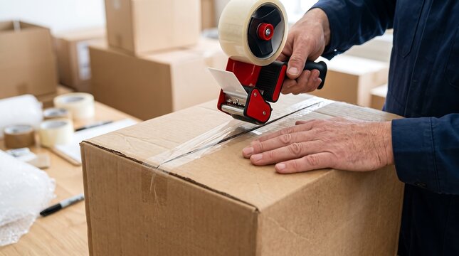 Close-up of worker hands sealing cardboard shipping box with tape dispenser gun in warehouse, conveying e-commerce logistics, package preparation, and efficient supply chain shipping.