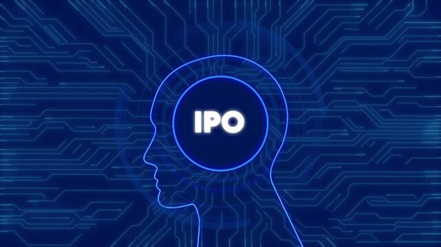 Ipo initial public offering concept with digital human head and circuit board background