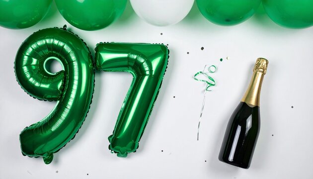 Green Number 97 Balloon with Champagne Bottle for Birthday or Anniversary Celebration