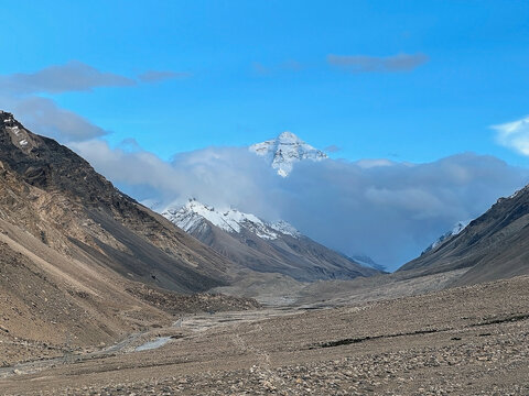Mount Everest among the clouds in the Mount Everest National Reserve, Qomolangma Nature Reserve,Tibet, China