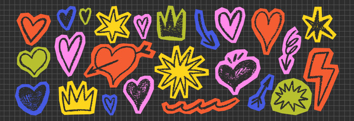 Fototapeta premium Sketch-style doodles featuring hearts, suns, and sparkles in pastel hues with brush strokes, perfect for vintage collages, party decorations. Vector illustration.