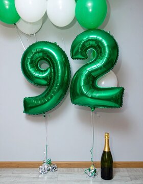 Green Number 92 Balloon with Champagne Bottle for Birthday or Anniversary Celebration