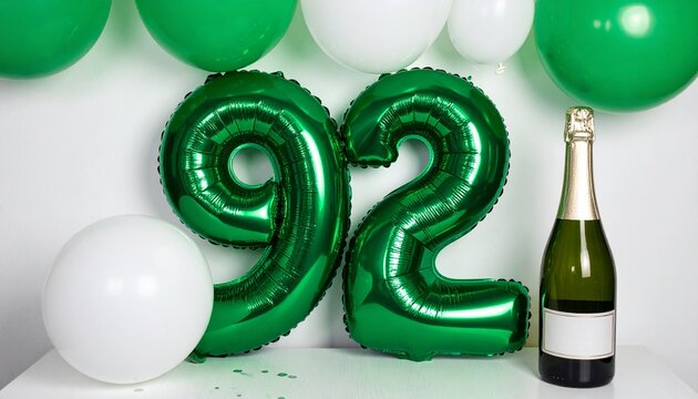 Green Number 92 Balloon with Champagne Bottle for Birthday or Anniversary Celebration