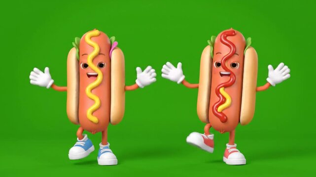 Cute cartoon hot dog characters dancing with mustard and ketchup, a funny 3D animated food mascot for kids animation