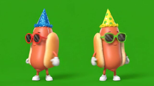 A cute hot dog character, a funny dancing hot dog mascot, and another 3D character in party hats and sunglasses