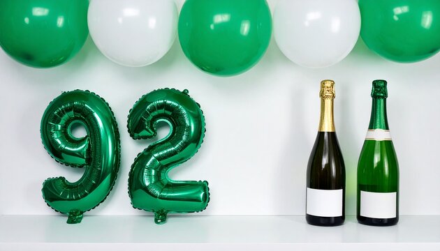 Green Number 92 Balloon with Champagne Bottle for Birthday or Anniversary Celebration