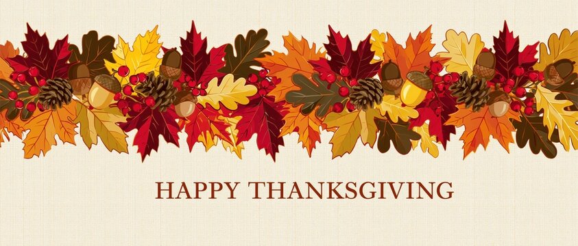Rustic Happy Thanksgiving Card Featuring Hand Drawn Autumn Foliage Border with Acorns Pinecones and Berries on Textured Vintage Paper Background