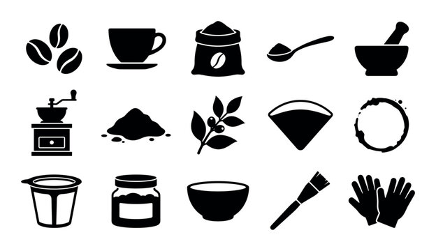 Coffee and brewing vector icons with beans, grinder, cup and mortar for mobile app design in solid glyph style