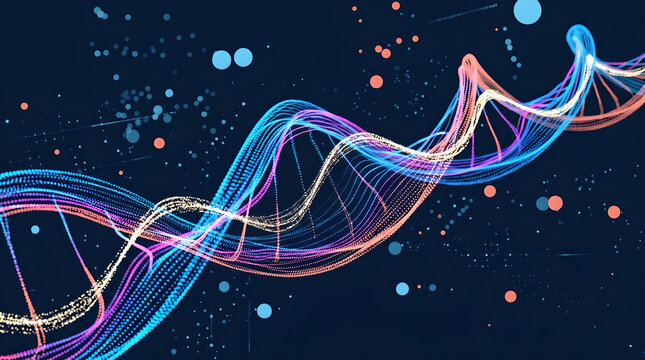 Abstract glowing DNA double helix structure with vibrant colors and scattered particles on a dark background, representing genetics and scientific research.
