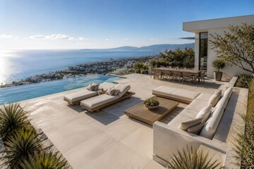 Fototapeta premium Modern luxury villa terrace with infinity pool and breathtaking sea panorama, combining elegant outdoor living, premium architecture and coastal relaxation