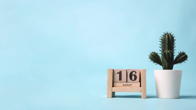 Month of August wooden block calendar timelapse with a plastic cactus on the side.