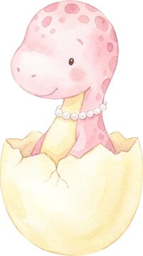 Watercolor baby dinosaur hatching from egg wearing a pearl necklace.