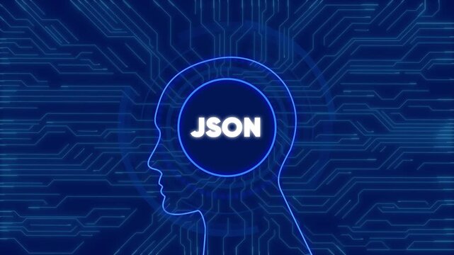 Json data processing concept with digital human head silhouette and circuit board coding