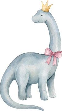 Watercolor blue brontosaurus dinosaur with gold crown and pink bow.